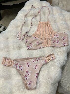 acacia swimwear Peach Crochet High-Neck Floral Bikini